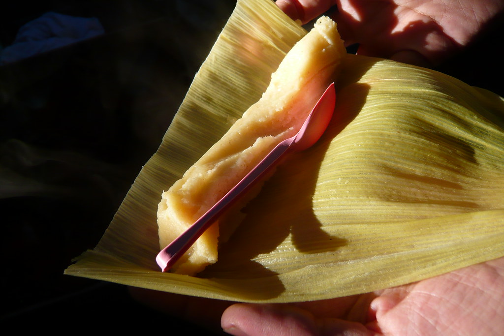 An unwrapped tamal, showing the fresh masa and filling inside the corn husk