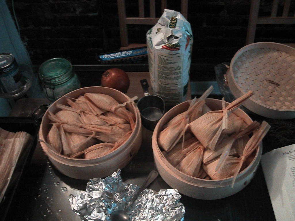 Tamales steaming in the kitchen, made fresh to order